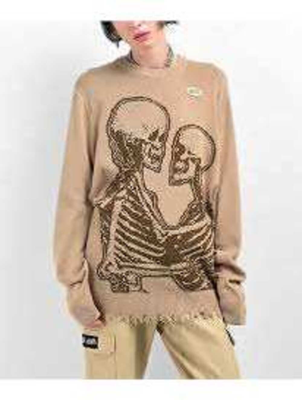 Broken Promises Women's Size S Beige Distressed Skeleton Graphic Knit Sweater
